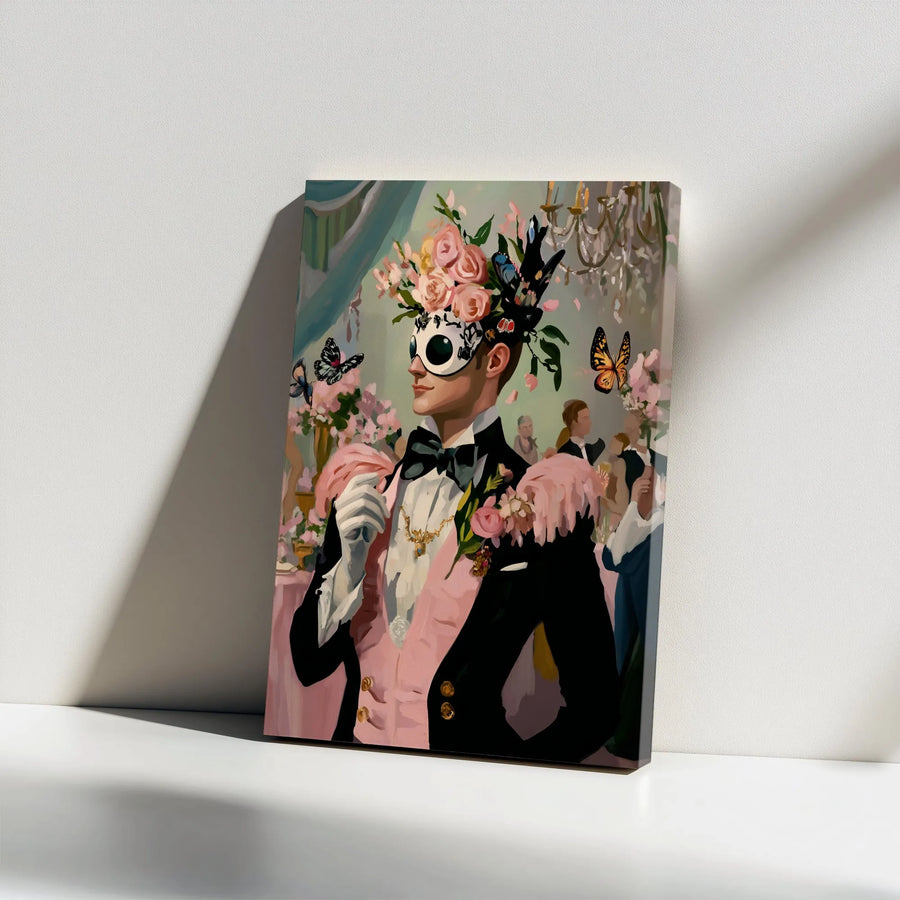 Masquerade Ball Canvas Art | Surreal Floral Masked Gentleman Print | Premium Gallery Wrap Wall Decor | Gothic Romantic Home Gift