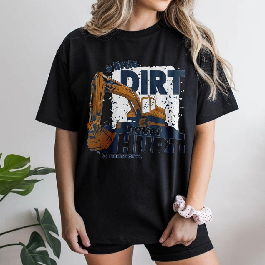 Excavator Construction T-Shirt | A Little Dirt Never Hurt Graphic Design | Premium Cotton Tee | Gift for Boys and Girls Who Love Trucks