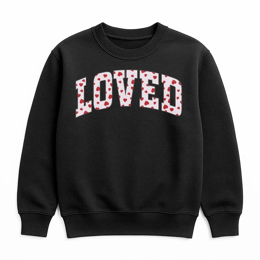 Loved Valentine Sweatshirt | Heart Pattern Varsity Letter Graphic | Soft Cotton Blend Cozy Pullover | Romantic Gift For Her Or Him