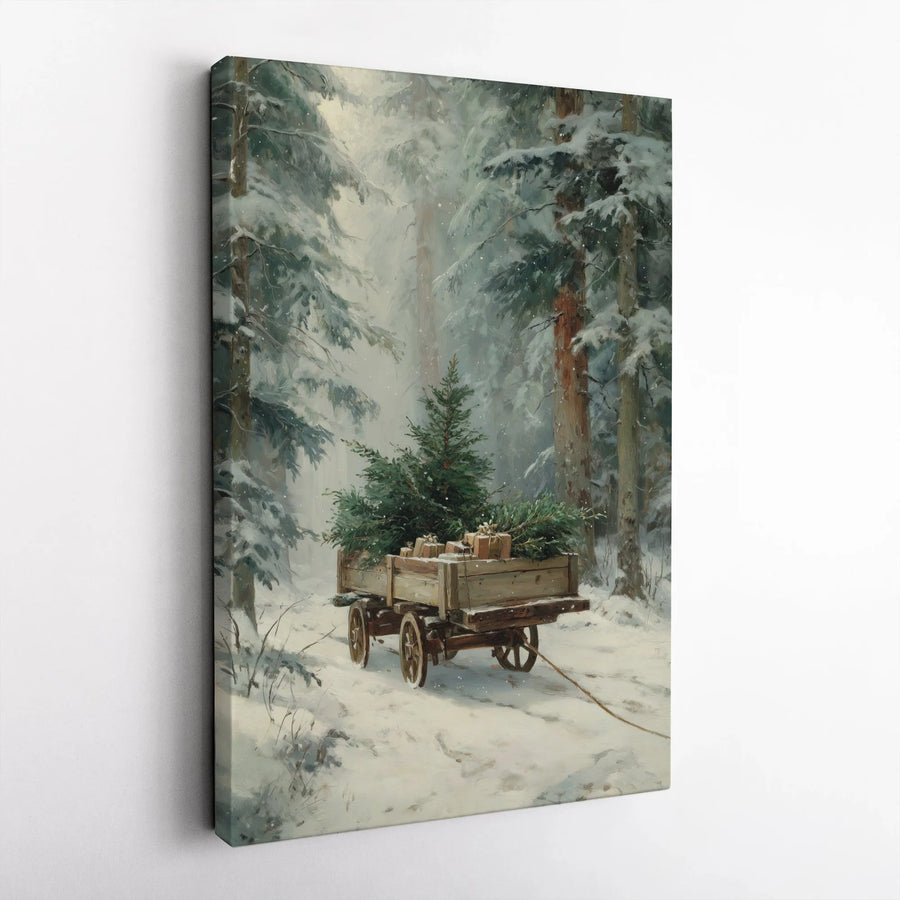 Vintage Christmas Vertical Canvas | Snowy Forest Scene with Tree Cart | Premium High-Resolution Print | Rustic Holiday Home Decor Gift