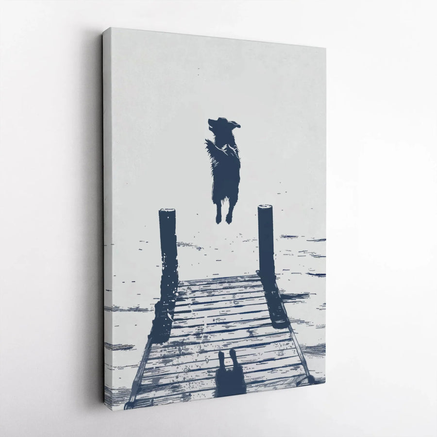 Dog Jumping Off Dock Canvas Wall Art | Minimalist Silhouette Sketch | Premium Gallery Wrapped Decor | Modern Dog Lover Gift
