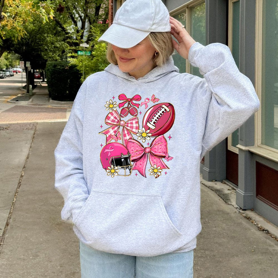 Breast Cancer Awareness Football Hoodie | Preppy Pink Ribbon Bow Design | Premium Cotton-Blend Comfort | Game Day Gift For Her
