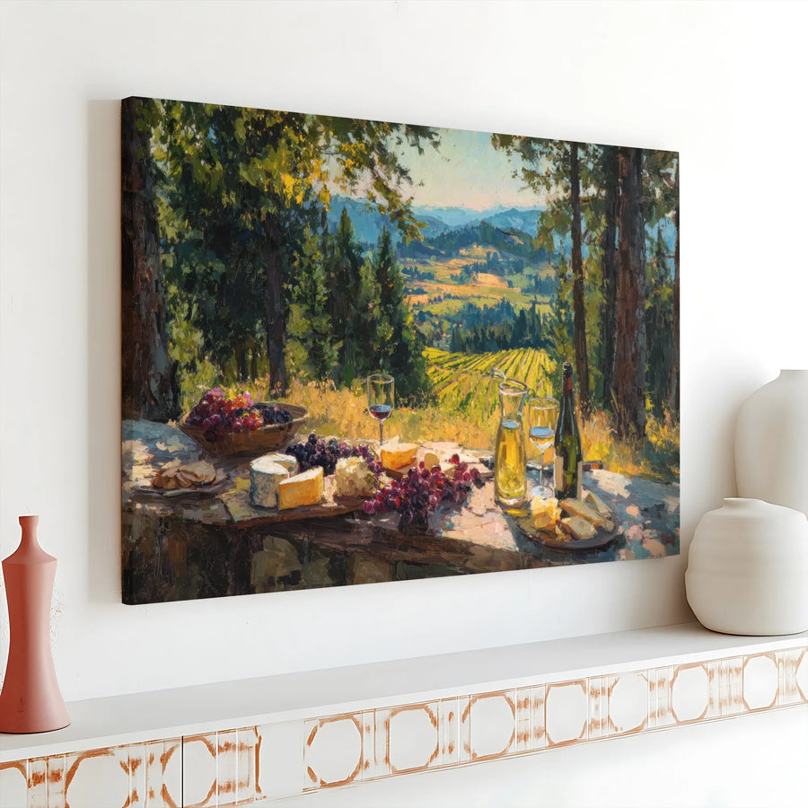 Vineyard Picnic Canvas Wall Art | Impressionist Tuscan Landscape Painting | Premium Gallery Wrapped Print | Kitchen & Dining Room Decor Gift