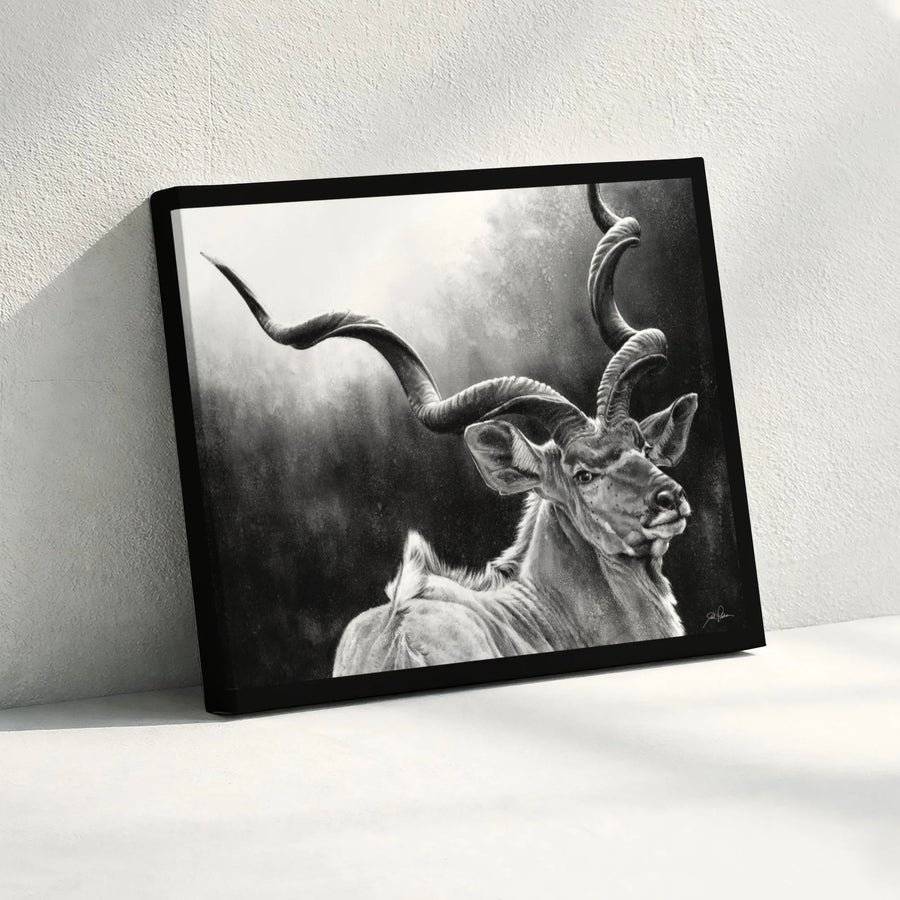 Greater Kudu Wall Art | Realistic Black and White Animal Portrait | Premium Gallery Wrapped Canvas | Wildlife Decor Gift for Home or Office