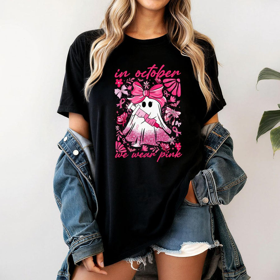 In October We Wear Pink Ghost T-Shirt | Coquette Breast Cancer Awareness Design | Soft Cotton Nursing Gift | Cute Spooky Halloween Apparel For Women