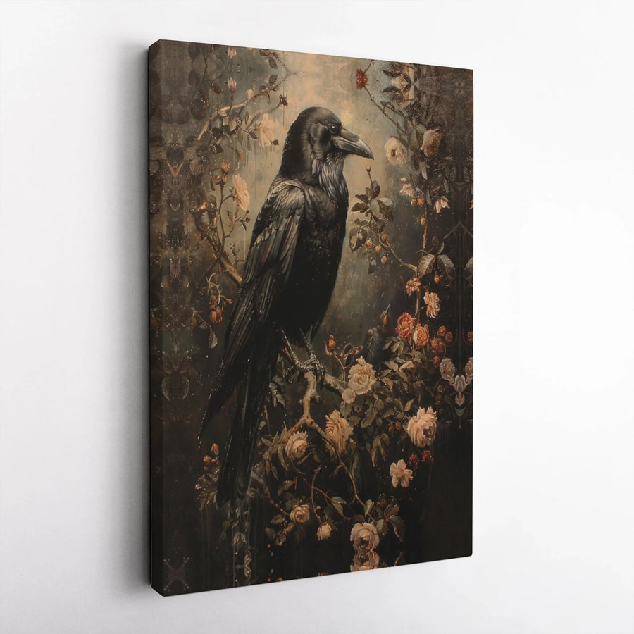Gothic Raven Canvas Wall Art | Moody Crow on Rose Bush Painting | Premium Gallery Wrapped Canvas | Dark Academia Home Decor Gift