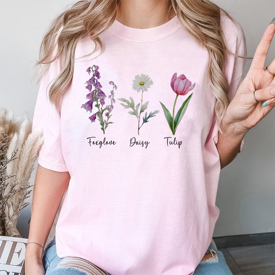 Botanical Flower T-Shirt | Foxglove Daisy Tulip Floral Watercolor Print | Premium 100% Cotton Tee | Aesthetic Nature Gift for Gardeners