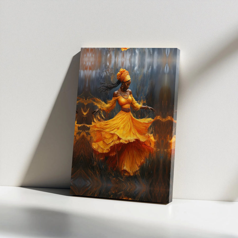 African Woman Canvas Wall Art | Abstract Painting of Dancer in Yellow Dress | Premium Gallery Wrapped Print | Gift for Her, Afrocentric Home Decor
