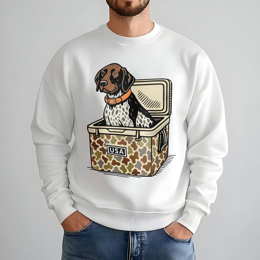 German Shorthaired Pointer Sweatshirt | Camo Cooler USA Hunting Dog Graphic | Premium Cotton Blend | Gift for GSP Dog Owners & Outdoor Lovers