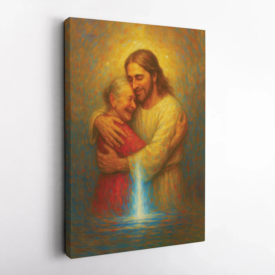 Jesus Hugging Elderly Woman Wall Art | Spiritual Comfort Canvas Print | Premium Gallery-Wrapped Decor | Religious Christian Home Gift