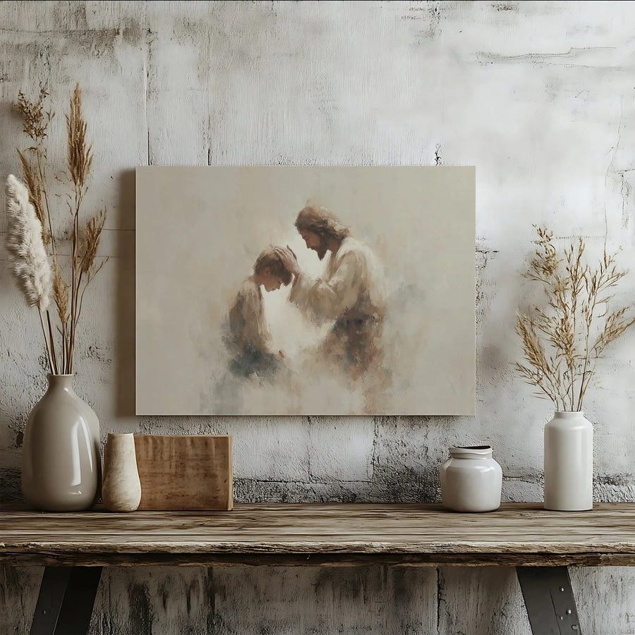 Jesus Blessing Child Canvas Wall Art | Soft Watercolor Religious Painting | Premium Gallery Wrapped Decor | Christian Home Gift For Nursery