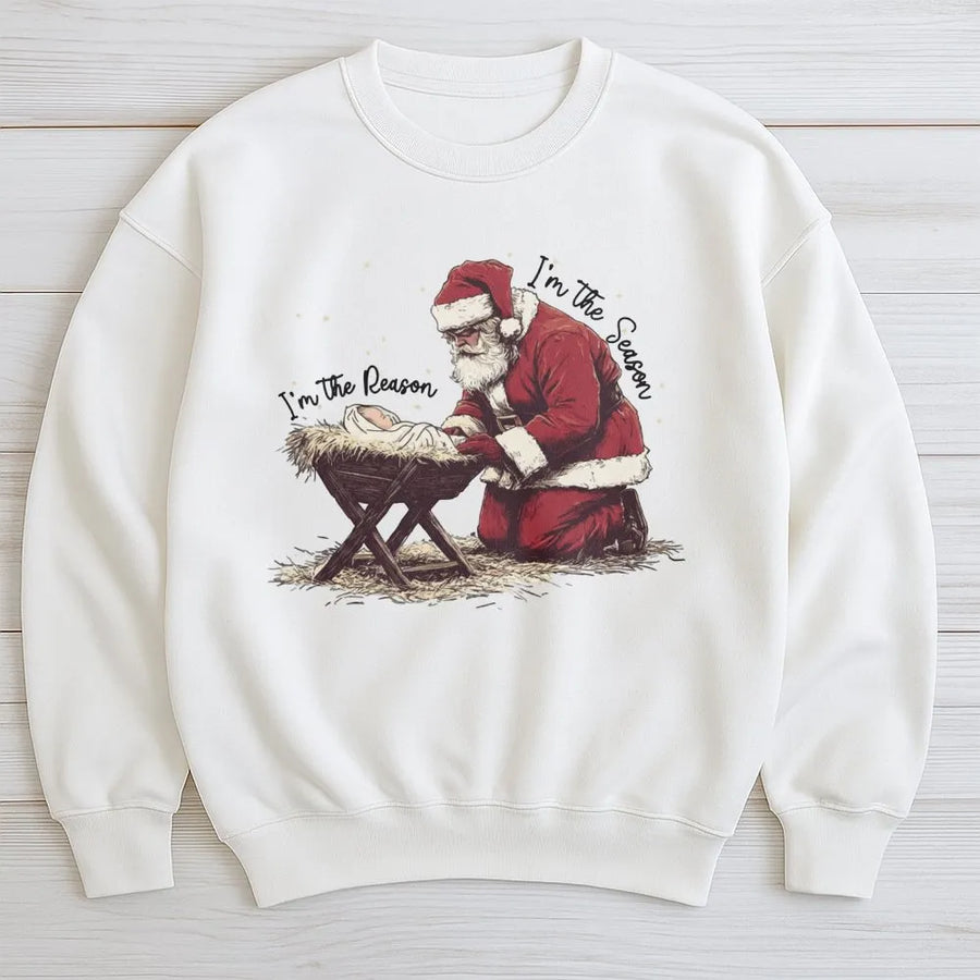 Jesus Is The Reason For The Season Sweatshirt | Kneeling Santa Nativity Graphic | Soft Cotton Blend Crewneck | Religious Christmas Gift For Christians