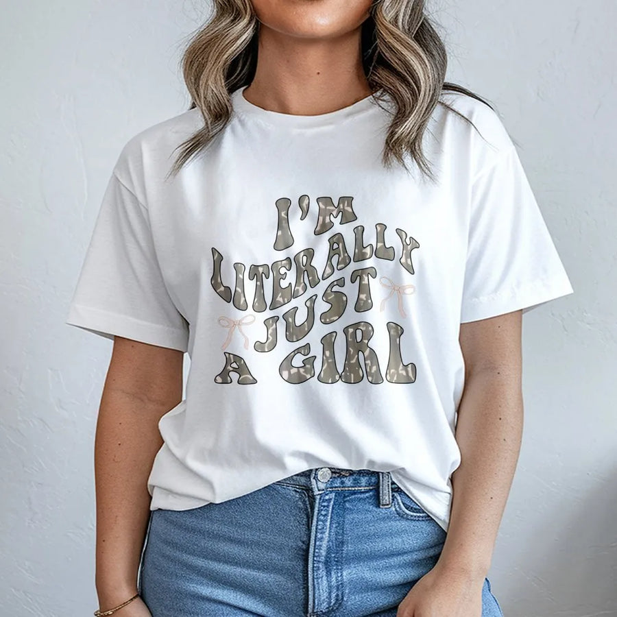 I'm Literally Just A Girl T-Shirt | Retro Camo Bow Graphic Tee | Premium Cotton Aesthetic Shirt | Funny Sarcastic Gift for Her