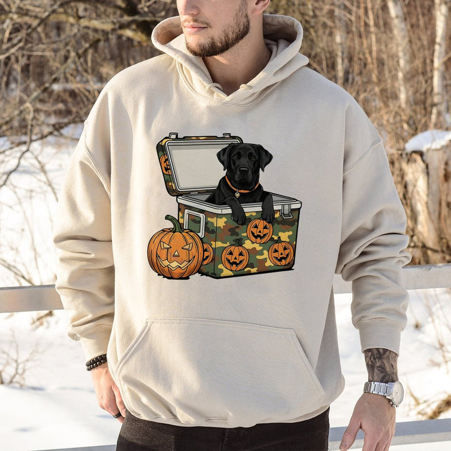 Black Lab Hoodie | Camo Cooler Halloween Dog Graphic | Premium Cotton Blend | Fall Hunting Gift for Dog Lovers