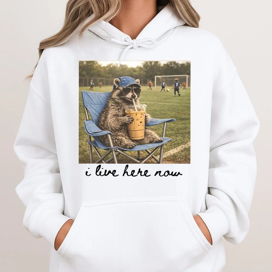 Funny Soccer Mom Hoodie | Raccoon with Iced Coffee Graphic Tee | Soft Cotton Sideline Shirt | Game Day Tournament Gift for Moms