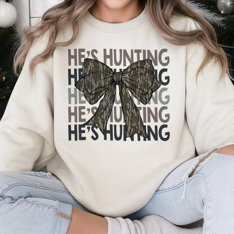 He's Hunting Sweatshirt | Camo Coquette Bow Graphic | Premium Cotton Blend | Funny Hunting Season Gift For Her