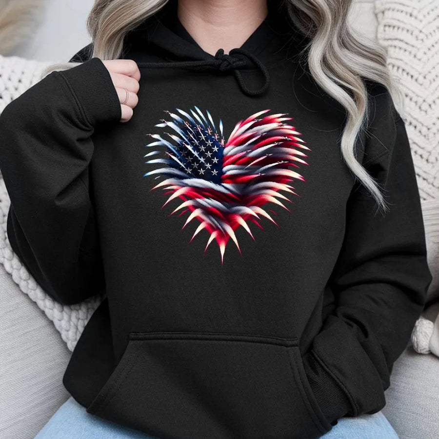 Fighter Jet American Flag Heart Hoodie | Patriotic Aviation Graphic | Premium Cotton Tee | 4th of July Gift for Veteran