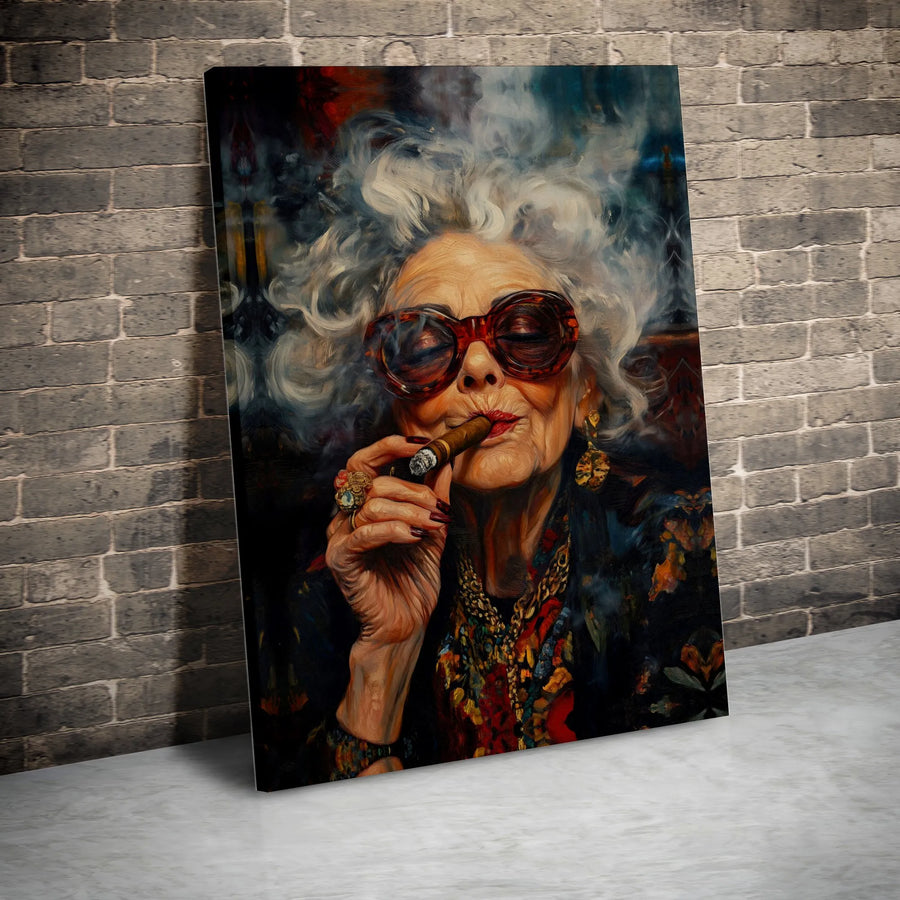 Badass Grandma Canvas Wall Art | Eclectic Woman Smoking Cigar Portrait | Premium Framed Print | Unique Maximalist Home Decor Gift