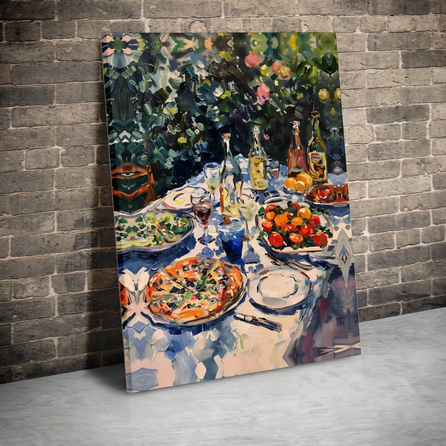 Italian Lunch Canvas Print | Impressionist Garden Feast Painting | Premium Matte Canvas | Kitchen & Dining Room Decor Gift