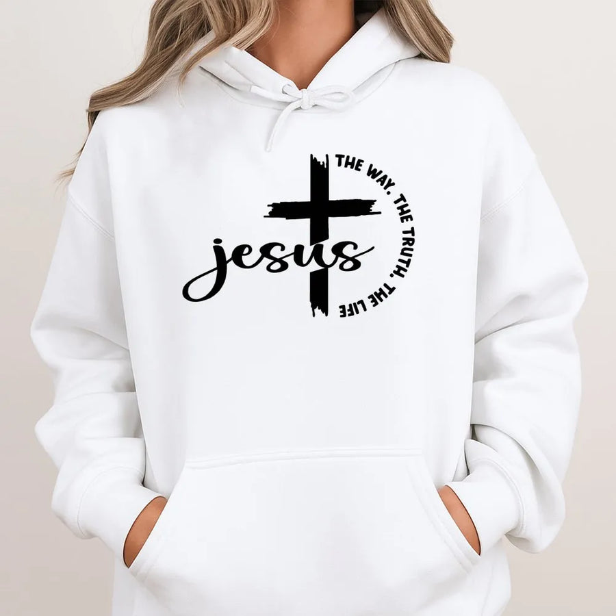 Jesus The Way The Truth The Life Hoodie | Christian Scripture Cross Graphic | Soft Cotton-Blend Premium Apparel | Faith Based Religious Gift For Her