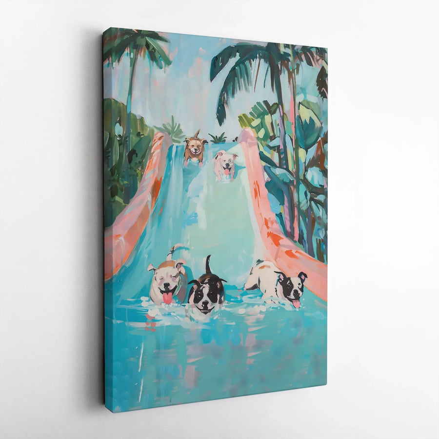 Dogs On Water Slide Canvas Wall Art | Whimsical Tropical Pet Painting | Premium Gallery Wrap Print | Fun Gift For Dog Lovers