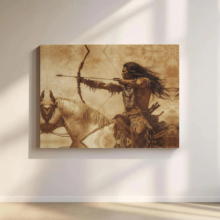 Native American Warrior Canvas Art | Sepia Tone Horseback Archer Print | Premium Gallery Wrapped Wall Decor | Historical Western Gift for Home