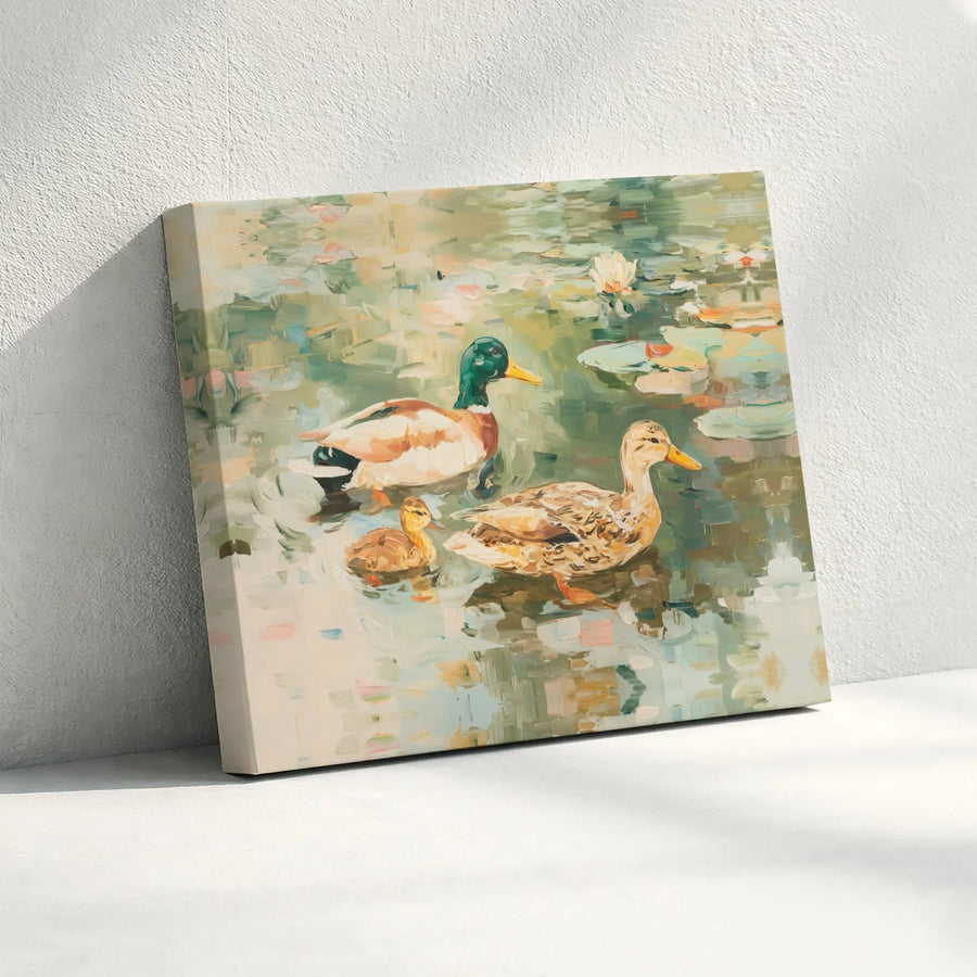 Mallard Duck Family Wall Art | Impressionist Lily Pond Oil Painting Style | Premium 1.25" Gallery Wrapped Canvas | Wildlife Nature Decor Gift