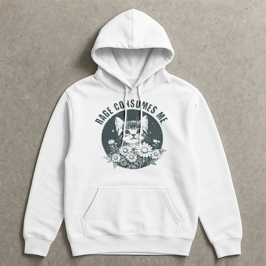 Rage Consumes Me Cat Hoodie | Funny Kitten with Daisies Graphic Tee | Soft Cotton Meme Shirt | Sarcastic Humor Gift for Women & Cat Lovers