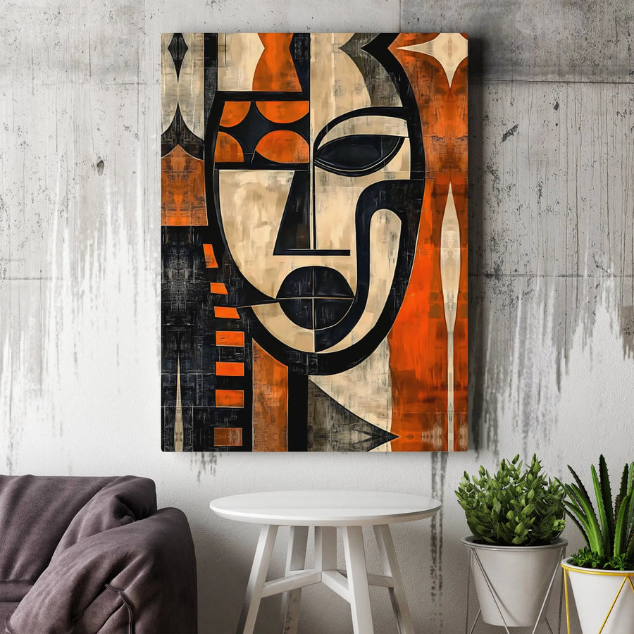 Abstract Cubist Face Canvas Art | Modern Orange Black Portrait Print | Gallery-Quality 1.25" Profile Wall Decor | Minimalist Home Office Gift