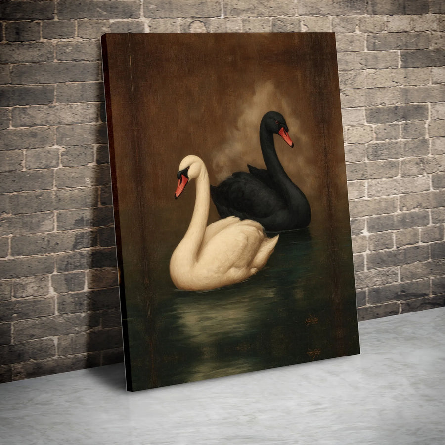 Black And White Swan Canvas Art | Vintage Style Wildlife Painting | Premium Gallery Wrap Wall Decor | Elegant Nature Home Gift