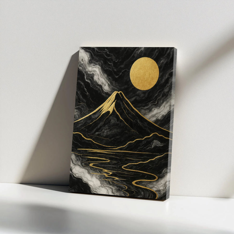 Abstract Mountain Canvas Wall Art | Gold Sun Black Landscape Print | Premium Gallery Wrap Decor | Modern Minimalist Living Room Gift
