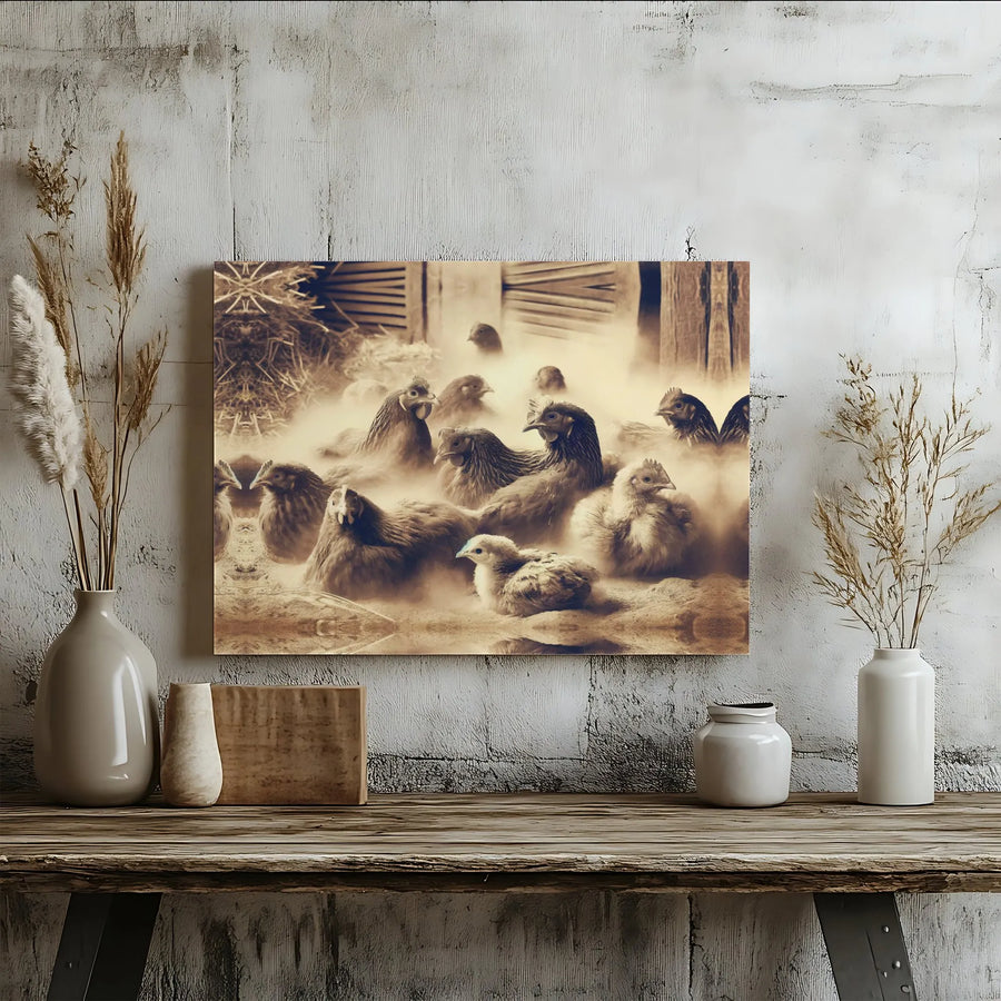 Farmhouse Chicken Canvas Wall Art | Sepia Tone Dust Bath Photography | Premium Gallery Wrap Print | Rustic Country Kitchen Decor Gift