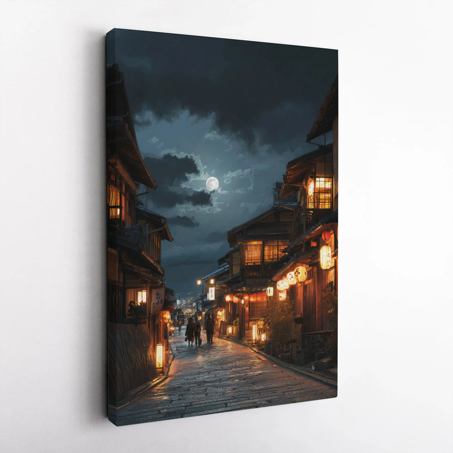 Japanese Street Canvas Wall Art | Nighttime Lantern Alley View | Premium Gallery Wrap | Zen Home Decor Gift for Travelers