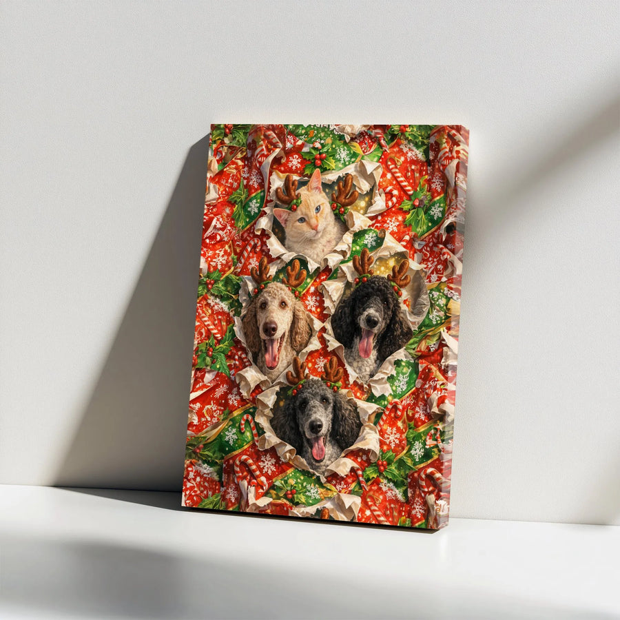 Christmas Pet Burst Canvas Wall Art | Funny Cat & Poodles with Reindeer Antlers | Premium 1.25" Thick Gallery Wrap | Holiday Home Decor Gift for Pet Lovers
