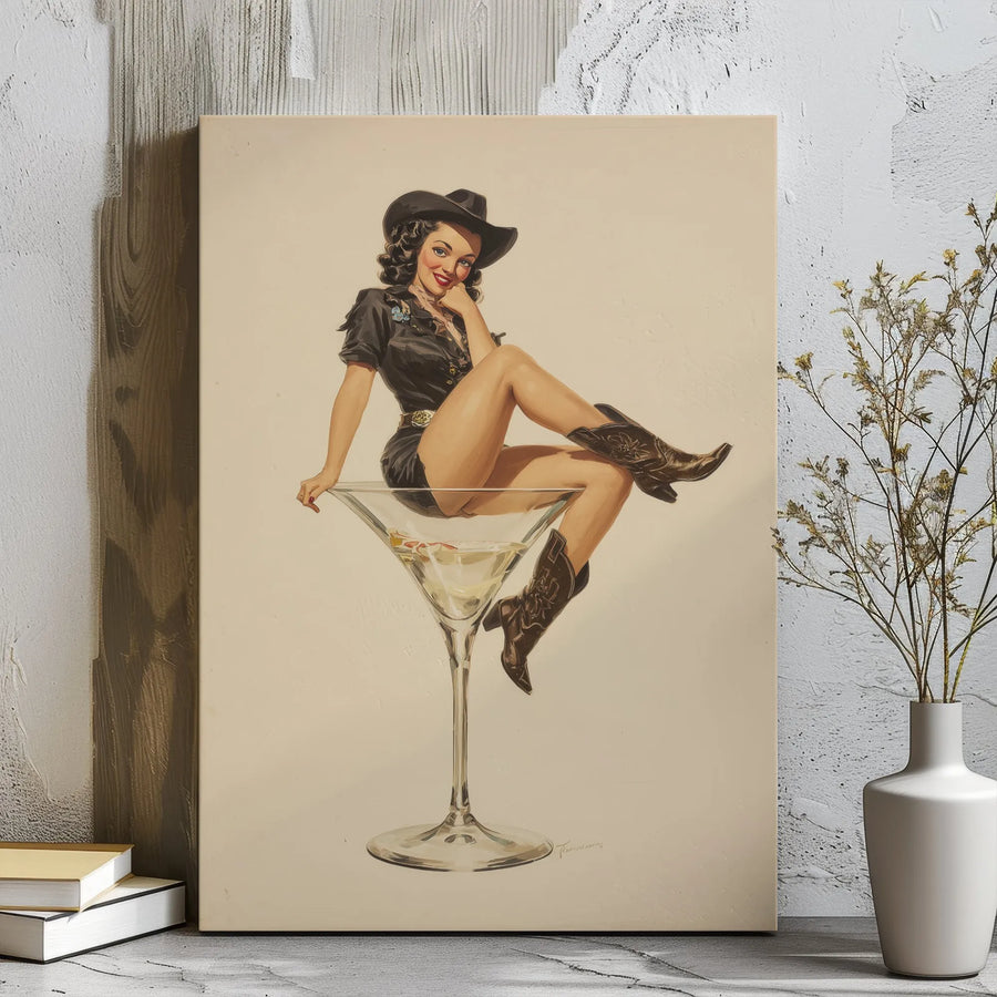 Vintage Cowgirl Pin-Up Canvas Art | Martini Glass Western Retro Print | Premium Gallery Wrap Wall Decor | Man Cave Bar & Kitchen Gift Idea