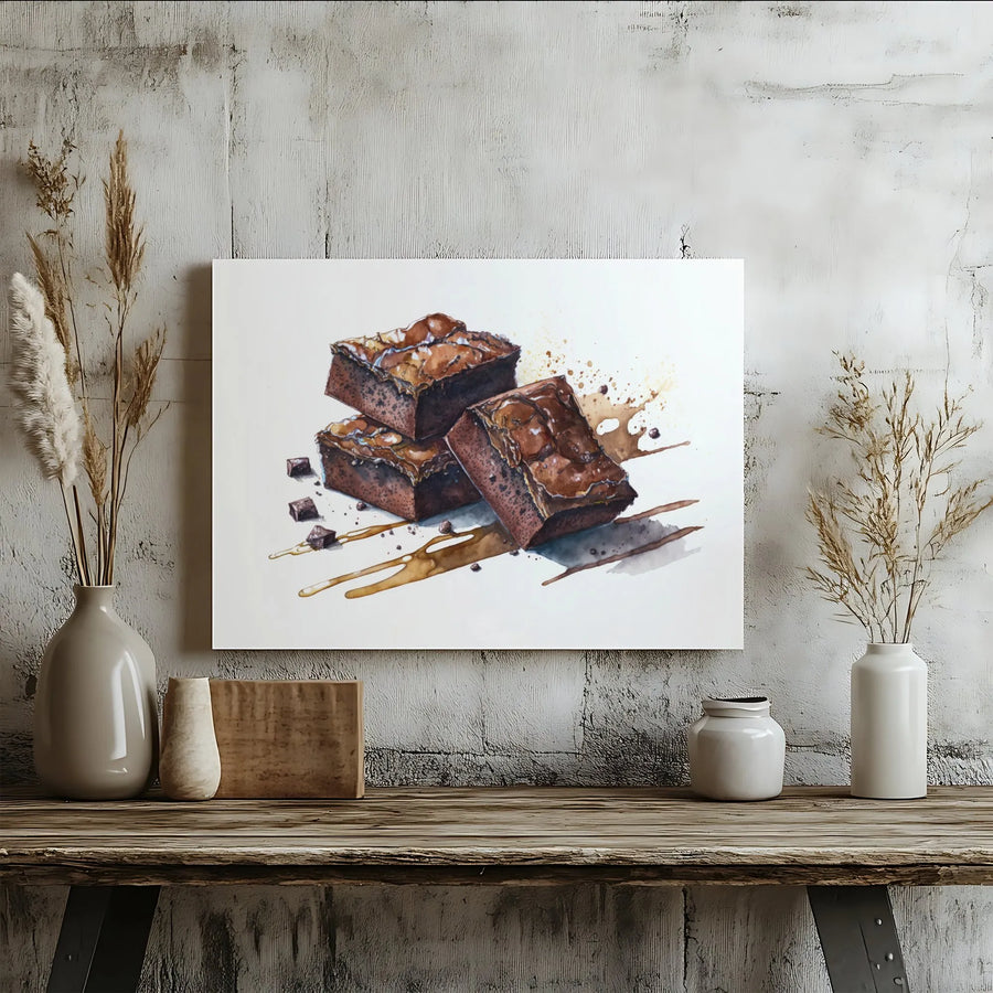 Chocolate Brownie Canvas Wall Art | Watercolor Dessert Painting | Premium Gallery Quality Print | Kitchen & Bakery Decor Gift for Foodie