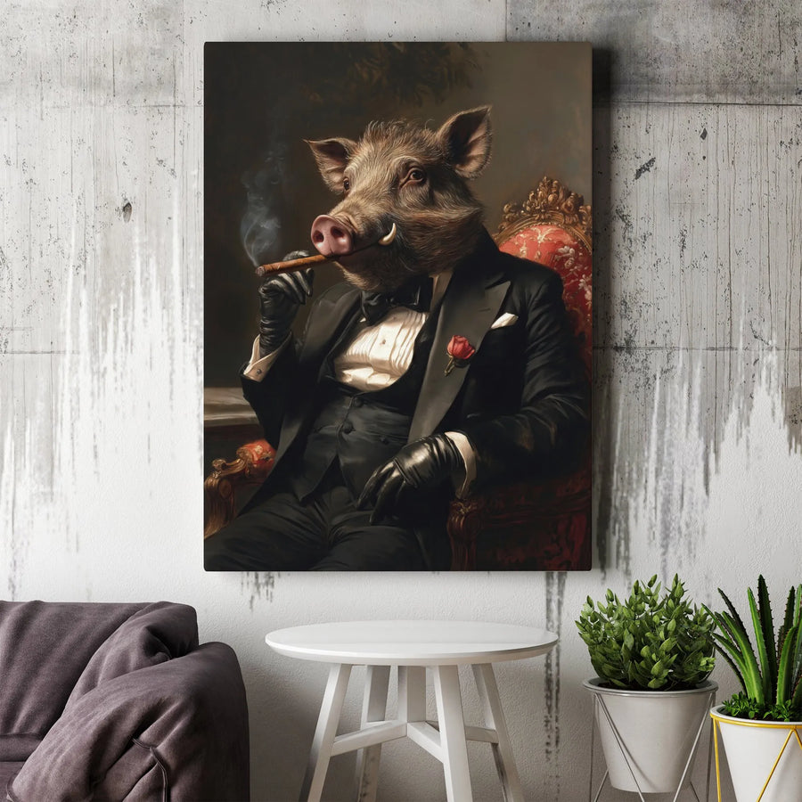Wild Boar in Tuxedo Portrait Canvas | Gentleman Pig Smoking Cigar Wall Art | Premium Gallery-Wrapped Print | Unique Man Cave or Office Decor Gift