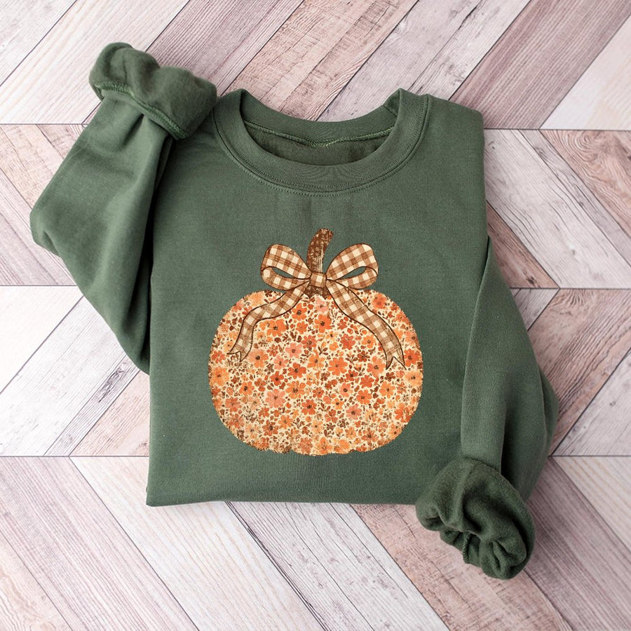 Floral Pumpkin Sweatshirt | Retro Gingham Bow Fall Graphic | Soft Cotton Blend Crewneck | Cozy Autumn Gift for Women
