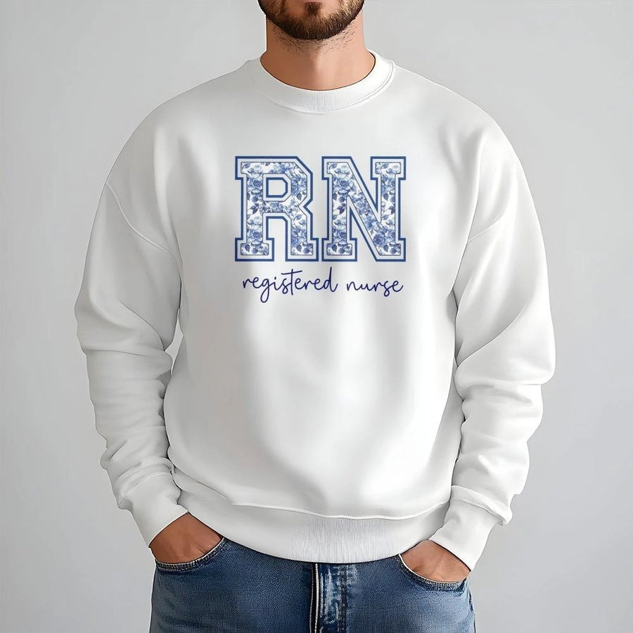 Registered Nurse Sweatshirt | Blue Toile RN Floral Lettering | Premium Cotton Blend | Gift for Nursing Student Graduation and Nurse Appreciation