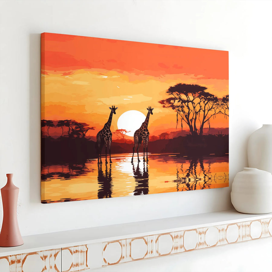 African Sunset Giraffe Canvas Wall Art | Savanna Wildlife Scene | Premium Canvas Print | Living Room Decor & Nature Lover Gift