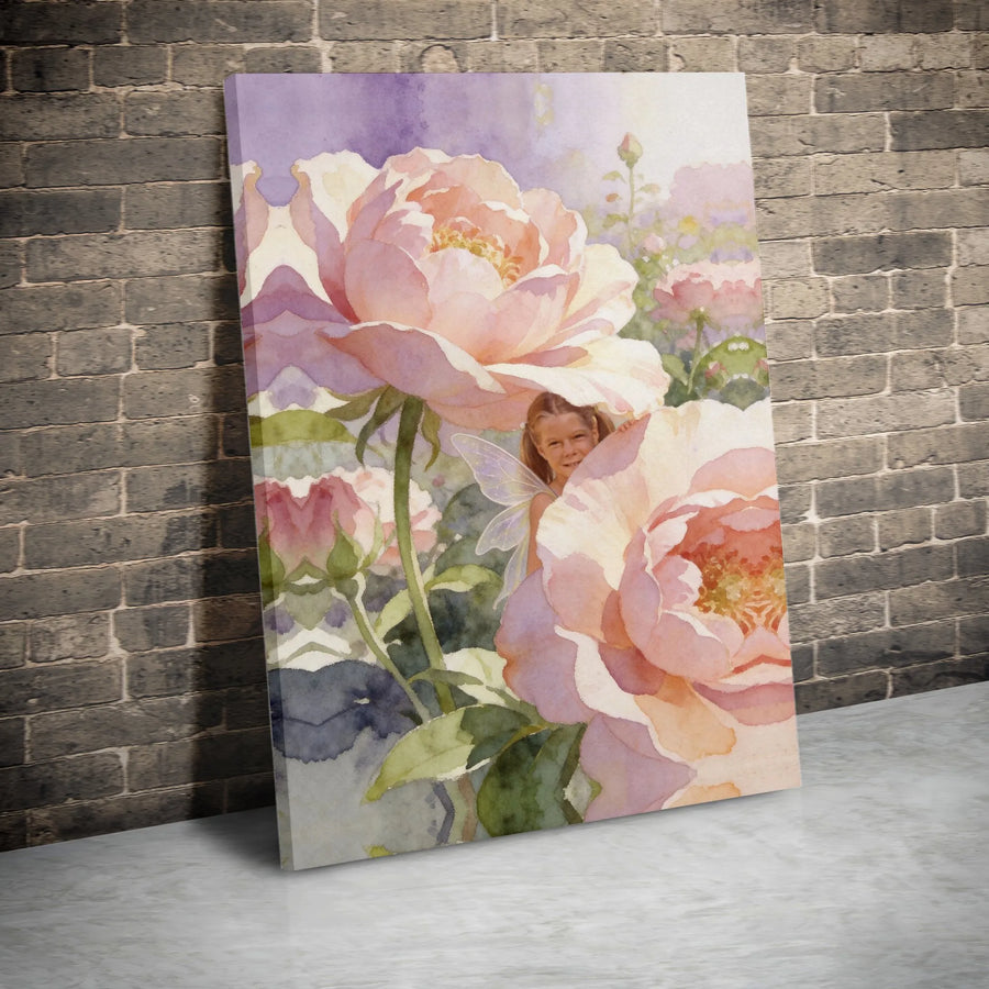 Fairy Garden Canvas Wall Art | Whimsical Watercolor Peony Painting | Premium Gallery Wrapped Canvas | Nursery Decor Gift for Girls