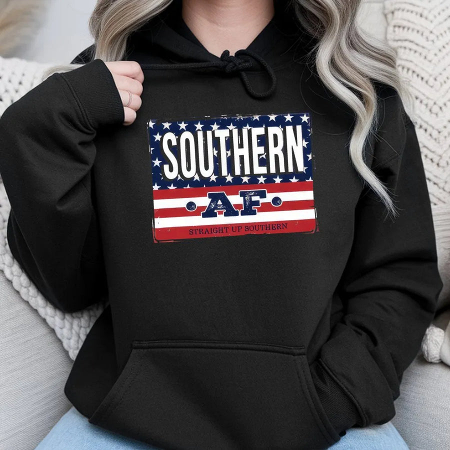 Southern AF Hoodie | Patriotic American Flag Graphic | Premium Cotton Blend | Gift for Southerners and Country Music Fans