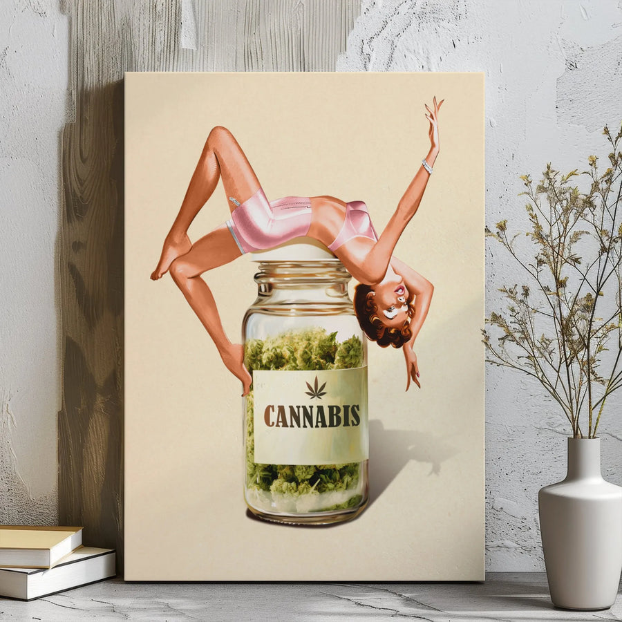 Vintage Pin-Up Girl Cannabis Canvas Art | Retro Weed Jar Illustration | Premium Gallery Wrap Wall Decor | Edgy Stoner Room Gift for Men and Women