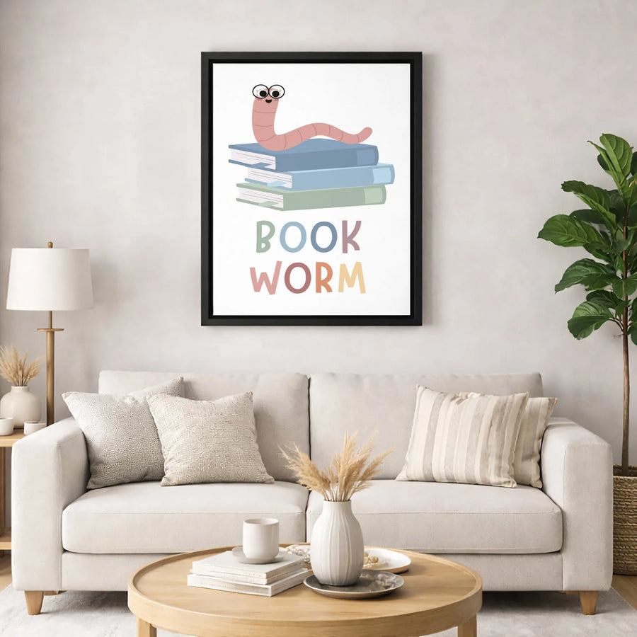 Book Worm Wall Art | Cute Reading Worm Illustration | Gallery-Quality 1.25" Canvas | Premium Nursery Decor or Library Gift