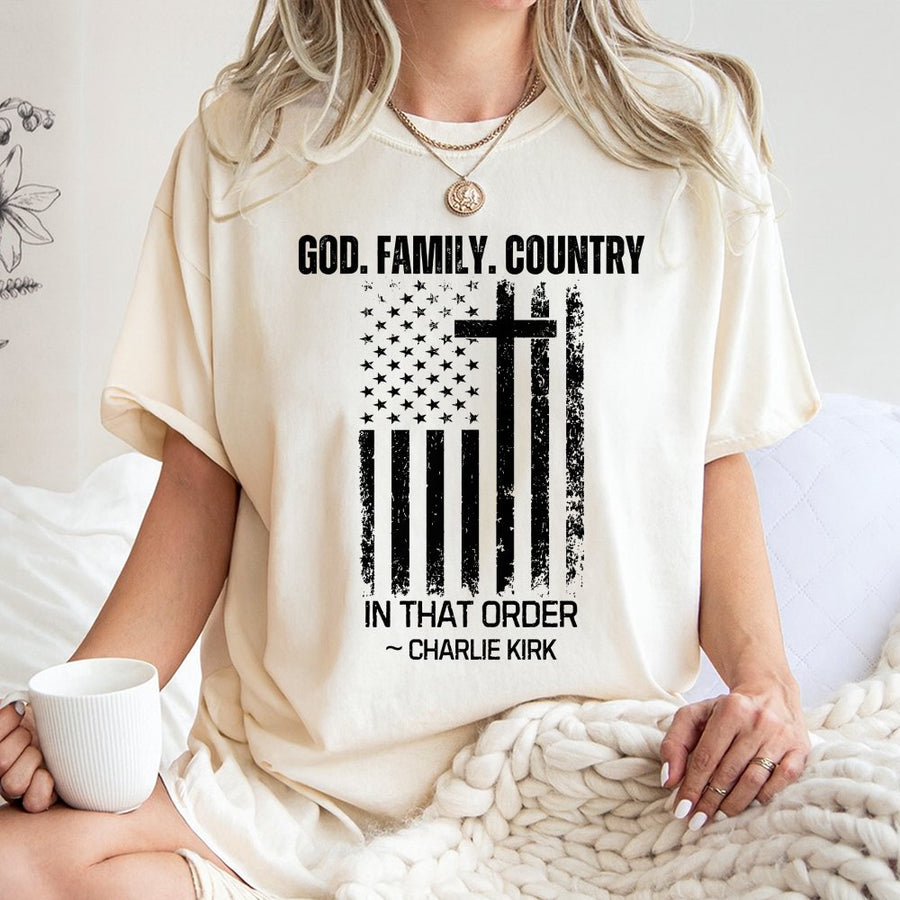 God Family Country T-Shirt | Patriotic American Flag & Cross Design | Premium 100% Cotton | Conservative Christian Gift for Men and Women