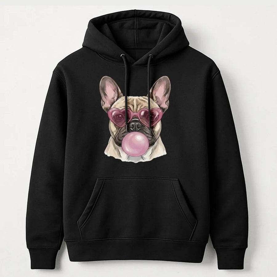 French Bulldog Hoodie | Heart Glasses Bubblegum Dog Art | Premium Cotton Blend Pullover | Cute Pet Lover Gift for Women