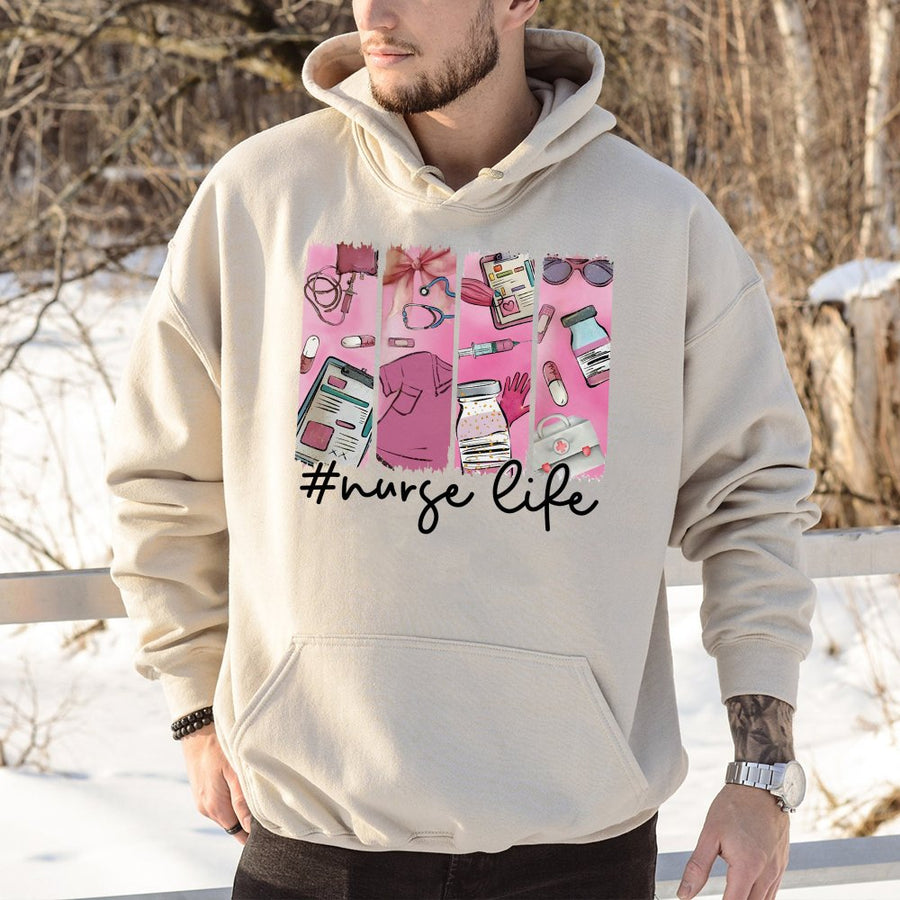 Nurse Life Hoodie | Pink Medical Supplies Aesthetic Design | Premium Cotton-Poly Blend | Cute Gift for Nurses and Nursing Students