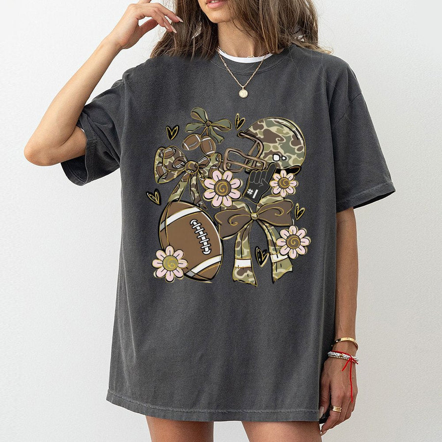 Football Camo T-Shirt | Game Day Aesthetic with Bows and Flowers | 100% Cotton Premium Tee | Cute Fall Sports Fan Gift for Her