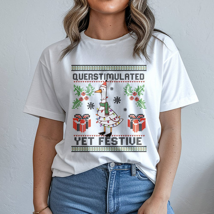 Overstimulated Yet Festive Goose T-Shirt | Funny Ugly Christmas Sweater Design | Premium Cotton Tee | Holiday Gift For Duck Lovers