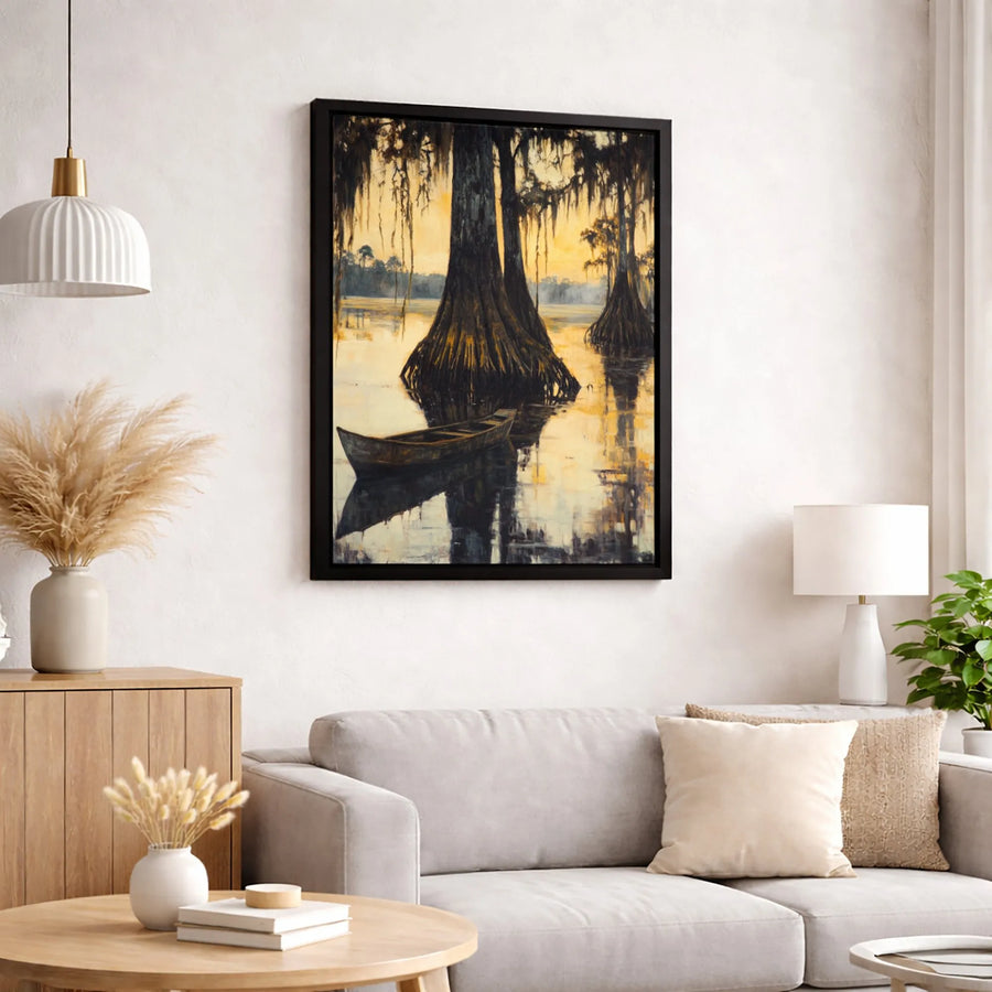 Cypress Swamp Wall Art | Moody Sunset Bayou Canoe Canvas Print | 1.25-Inch Gallery Wrap | Rustic Southern Landscape Decor for Living Room